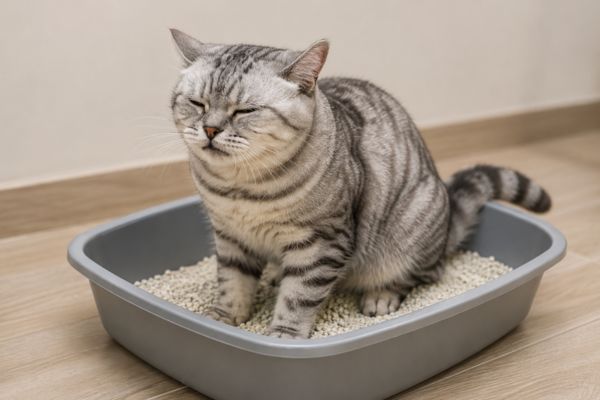 Mèo bị bí tiểu ngồi rặn trong khay cát