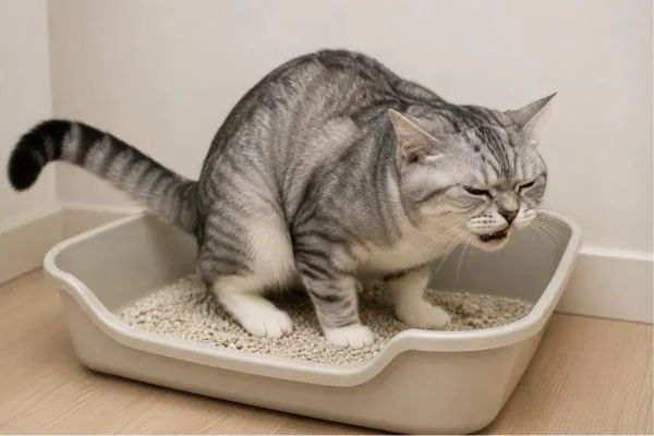 Mèo bị bí tiểu ngồi rặn trong khay cát