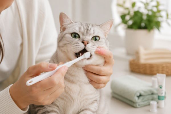 Sen đánh răng cho mèo bằng bàn chải mềm và kem đánh răng chuyên dụng dành cho thú cưng