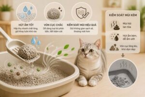 Khả năng vón cục và kiểm soát mùi là tiêu chí quan trọng khi chọn cát mèo