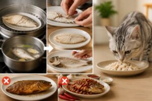 Cá hấp hoặc luộc chín và gỡ sạch xương an toàn hơn cho mèo