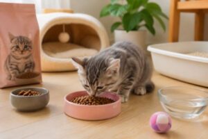 Mèo con đã cai sữa làm quen với thức ăn rắn hằng ngày