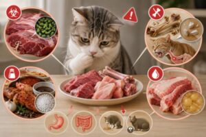 Những rủi ro tiềm ẩn khi cho mèo ăn thịt sống, xương và thực phẩm không phù hợp