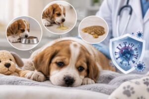 Bệnh Parvo ở chó con với các dấu hiệu bỏ ăn, nôn ói và tiêu chảy