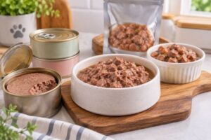 Pate và thức ăn ướt mềm ẩm cho bữa ăn của chó