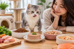 Thức ăn cho mèo gồm hạt khô, pate và thức ăn ướt phù hợp nhu cầu dinh dưỡng của mèo.
